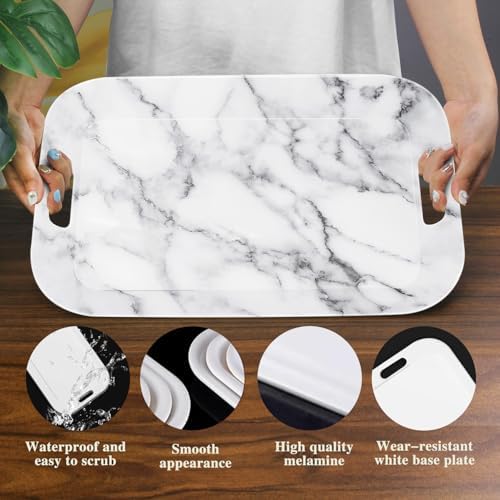 Serving Trays with Handles, 14.5 x 9.8 inch Rectangular Plastic Tray for Restaurant, Kitchen, Gray White Marble, alternate