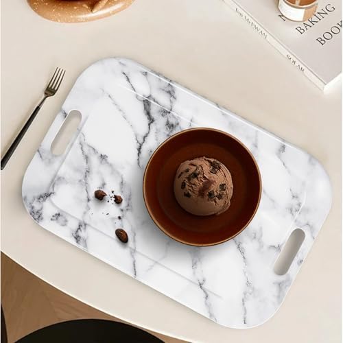 Serving Trays with Handles, 14.5 x 9.8 inch Rectangular Plastic Tray for Restaurant, Kitchen, Gray White Marble, alternate