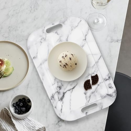 Serving Trays with Handles, 14.5 x 9.8 inch Rectangular Plastic Tray for Restaurant, Kitchen, Gray White Marble, alternate