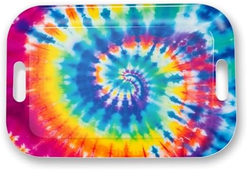 Serving Trays with Handles, 14.5 x 9.8 inch Rectangular Plastic Tray for Restaurant, Kitchen, Tie-Dye Colorful
