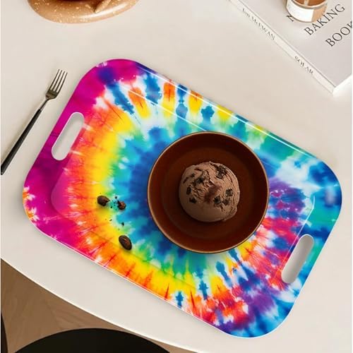 Serving Trays with Handles, 14.5 x 9.8 inch Rectangular Plastic Tray for Restaurant, Kitchen, Tie-Dye Colorful, alternate