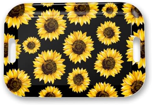 Serving Trays with Handles, 14.5 x 9.8 inch Rectangular Plastic Tray for Restaurant, Kitchen, Sunflower Black