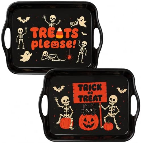 Serving Trays with Handles, 16 Inch, Set of 2, Trick or Treat in Skeletons