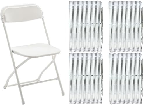 Set of 100, White Plastic Folding Event Chairs Steel Frame Commercial 650LB High Capacity Lightweight Set for