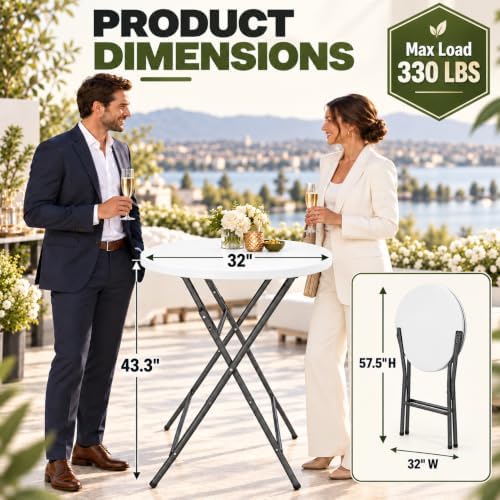 Set of 2 32 Inch Round 43 Inch Bar Height Folding Tables, White Commercial Cocktail High Top Tables with, alternate view 3