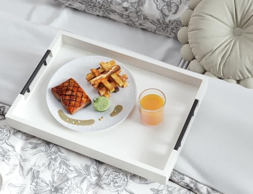 Set of 2 Bamboo Serving Trays with Metal Handles(White) in White, alternate view 2