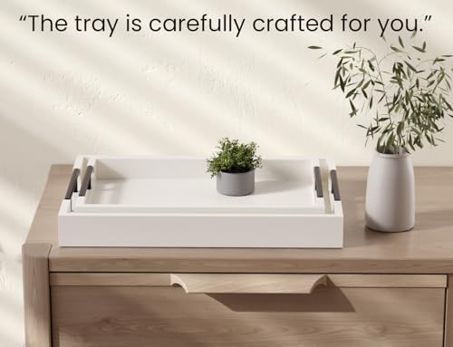 Set of 2 Bamboo Serving Trays with Metal Handles(White) in White, alternate view 6