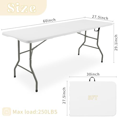 Set of 2 Folding Table 5 FT Camping Table Portable White Lightweight Plastic Rectangular Outdoor Dining Table, alternate view