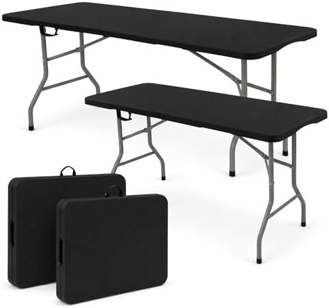 Set of 2 Folding Table 6 FT Lightweight Camping Table Black Portable Plastic Rectangular Outdoor Dining Table