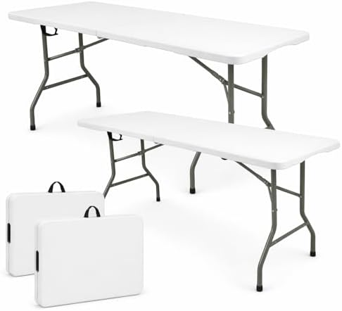 Set of 2 Folding Table 6 FT Lightweight Camping Table White Portable Plastic Rectangular Outdoor Dining Table
