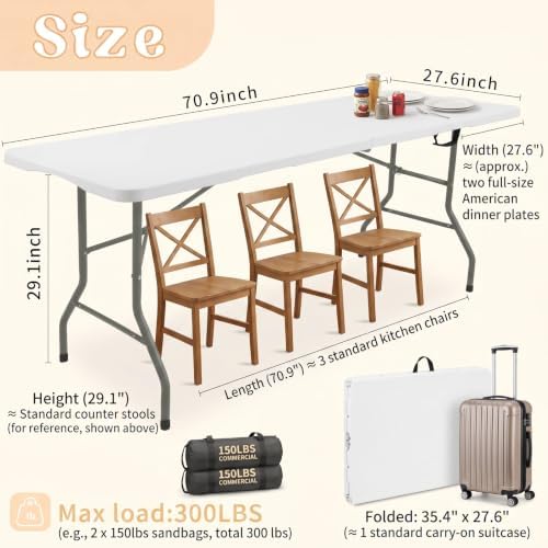 Set of 2 Folding Table 6 FT Lightweight Camping Table White Portable Plastic Rectangular Outdoor Dining Table, alternate view