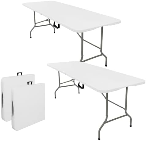 Set of 2 Folding Tables with Carrying Lightweight Rectangular Portable Plastic Camping Table Steel Legs for