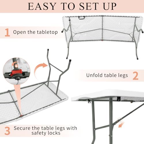 Set of 2 Folding Tables with Carrying Lightweight Rectangular Portable Plastic Camping Table Steel Legs for, alternate view 5