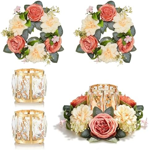 Set of 2 Gold Crystal Tealight Candle Holder with Floral Wreath, Elegant Floral Ring Votive Candle Holders for