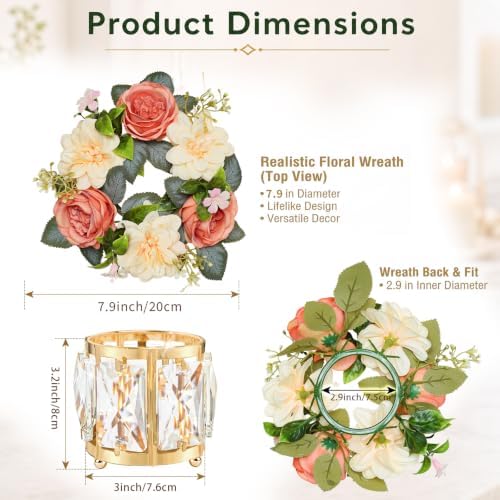 Set of 2 Gold Crystal Tealight Candle Holder with Floral Wreath, Elegant Floral Ring Votive Candle Holders for, alternate