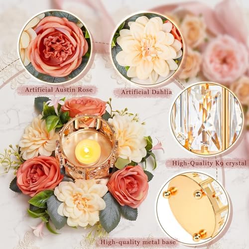 Set of 2 Gold Crystal Tealight Candle Holder with Floral Wreath, Elegant Floral Ring Votive Candle Holders for, alternate