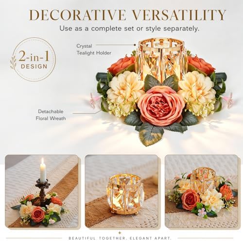 Set of 2 Gold Crystal Tealight Candle Holder with Floral Wreath, Elegant Floral Ring Votive Candle Holders for, alternate