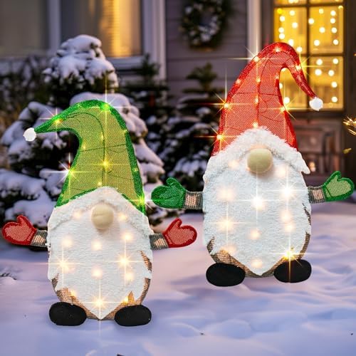 Set of 2 Lighted Christmas Gnomes Decorations, 50L 2 FT Stack-able Gnome Christmas Decor for Indoor Outdoor