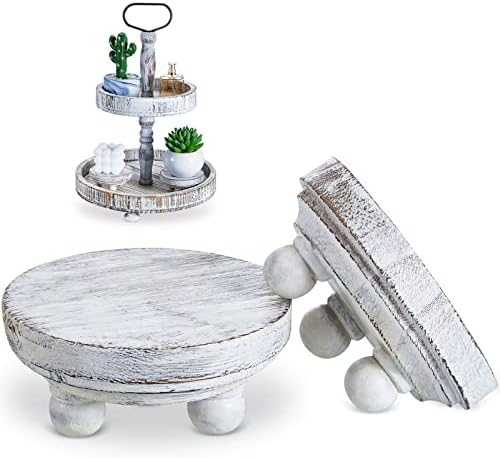 Set of 2 Mini Wood Risers for Decor Round Wooden Riser, White in brown