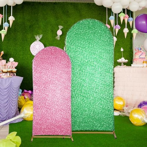 Set of 2 Sequin Pink and Green Arch Backdrop Cover 5ft and 6ft Witch and Princess Theme Party Arch Backdrop, alternate view 5