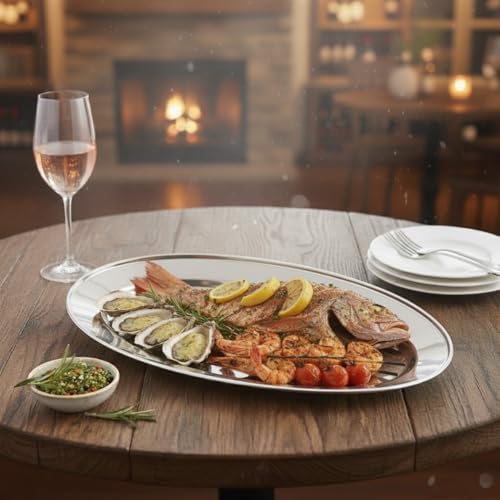 Set of 2 Stainless Steel 18” Oval Platter- Serving Platters for Appetizer Snack Fruit Cup Cake Server Tray, alternate view 2