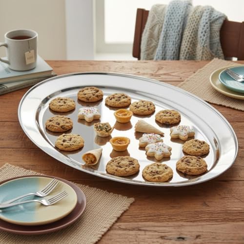Set of 2 Stainless Steel 26” Oval Platter- Serving Platters for Appetizer Snack Fruit Cup Cake Server Tray, alternate view 2