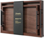 Set of 2 Walnut Wood Serving Trays with Metal Handles in Brown