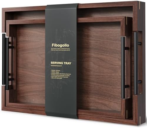 Set of 2 Walnut Wood Serving Trays with Metal Handles in Brown