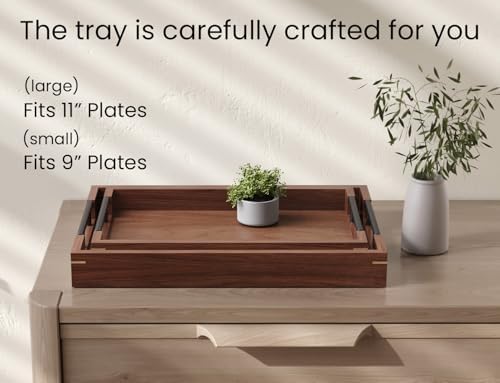 Set of 2 Walnut Wood Serving Trays with Metal Handles in Brown, alternate view 5