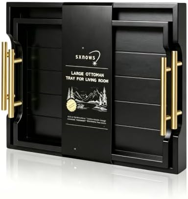 Set of 2 Wood Serving Trays with Gold and Silver Handles in 17*12*1.5 inches in Black-large and Medium Set