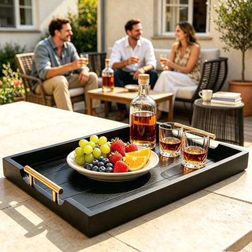 Set of 2 Wood Serving Trays with Gold and Silver Handles in 17*12*1.5 inches in Black-large and Medium Set, alternate view 2