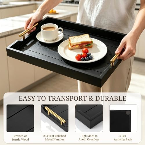 Set of 2 Wood Serving Trays with Gold and Silver Handles in 17*12*1.5 inches in Black-large and Medium Set, alternate view 4