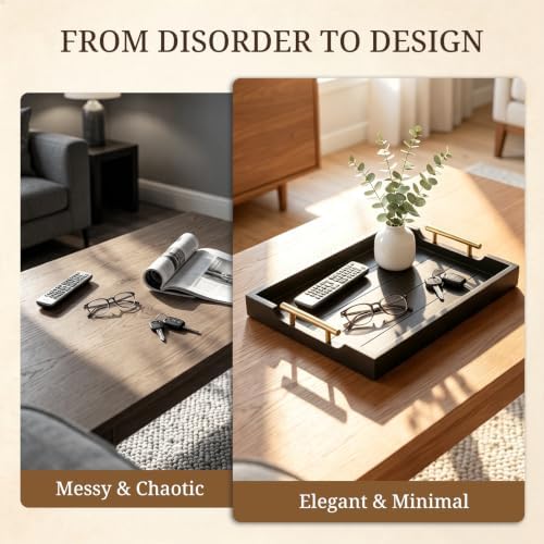 Set of 2 Wood Serving Trays with Gold and Silver Handles in 17*12*1.5 inches in Black-large and Medium Set, alternate view 5