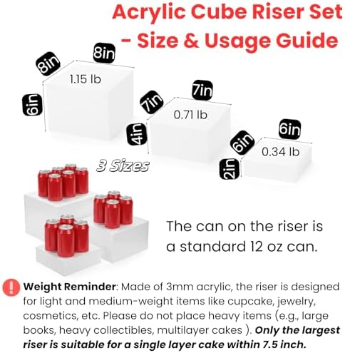 Set of 3 Acrylic Cube Riser Hollow Bottom, 6/7/8 Inch Small Glossy White Buffet Riser Food Display Stand, 5, alternate view 3