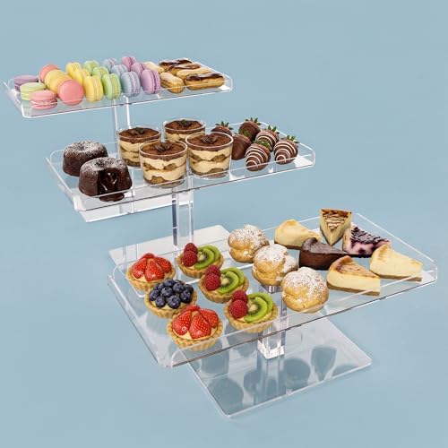 Set of 3 Acrylic Cupcake Stand, 3 Tiered Party Serving Tray, Clear Rectangular Dessert Display, Heavy Duty