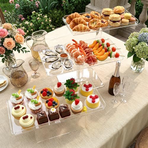 Set of 3 Acrylic Cupcake Stand, 3 Tiered Party Serving Tray, Clear Rectangular Dessert Display, Heavy Duty, alternate view 2