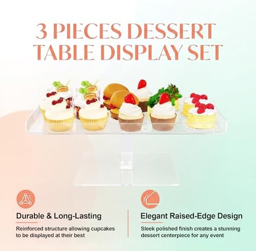 Set of 3 Acrylic Cupcake Stand, 3 Tiered Party Serving Tray, Clear Rectangular Dessert Display, Heavy Duty, alternate view 3