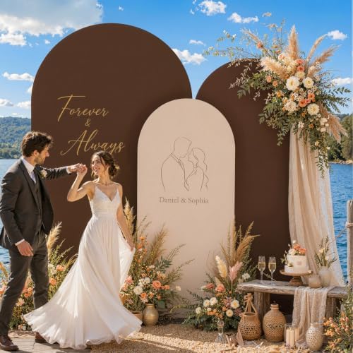 Set of 3 Arch Backdrop Covers Stretchy Spandex Nude Brown for Boho Weddings in 6FT,5FT,4FT in Nude+Brown, alternate view 2