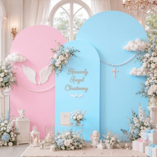 Set of 3 Arch Backdrop Covers Stretchy Spandex Pink Blue for Gender Reveal in 7.2FT,6.6FT,6FT in Pink+Blue