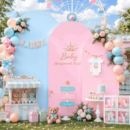 Set of 3 Arch Backdrop Covers Stretchy Spandex Pink Blue for Gender Reveal in 7.2FT,6.6FT,6FT in Pink+Blue, alternate view 3