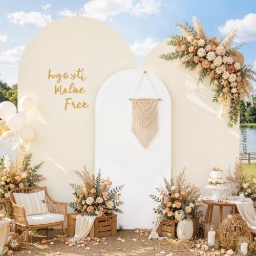 Set of 3 Arch Backdrop Covers Stretchy Spandex White Beige for Boho Wedding in 7.2FT,6.6FT,6FT in White+Beige