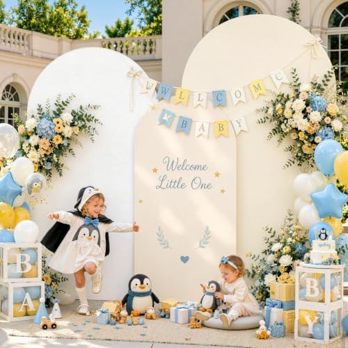 Set of 3 Arch Backdrop Covers Stretchy Spandex White Beige for Boho Wedding in 7.2FT,6.6FT,6FT in White+Beige, alternate view