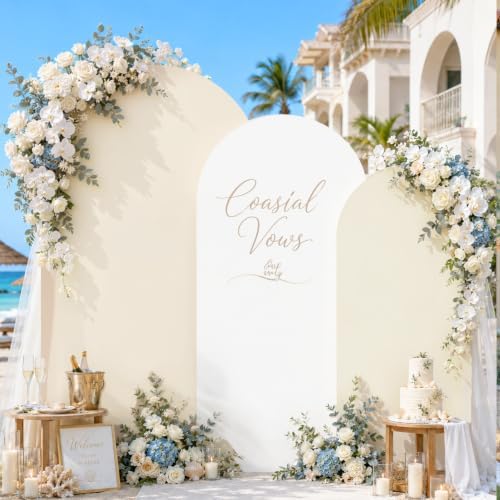 Set of 3 Arch Backdrop Covers Stretchy Spandex White Beige for Boho Wedding in 7.2FT,6.6FT,6FT in White+Beige, alternate view