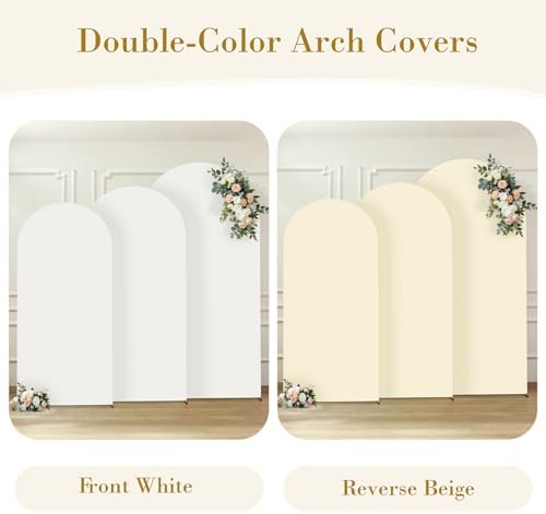 Set of 3 Arch Backdrop Covers Stretchy Spandex White Beige for Boho Wedding in 7.2FT,6.6FT,6FT in White+Beige, alternate view