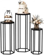 Set of 3 Black Hexagon Metal Cylinder Stands for Party in Black