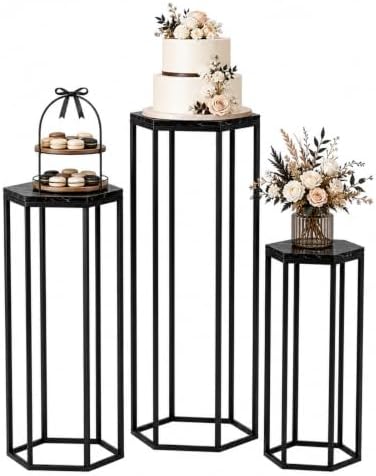 Set of 3 Black Hexagon Metal Cylinder Stands for Party in Black