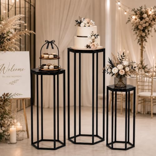 Set of 3 Black Hexagon Metal Cylinder Stands for Party in Black, alternate view 2