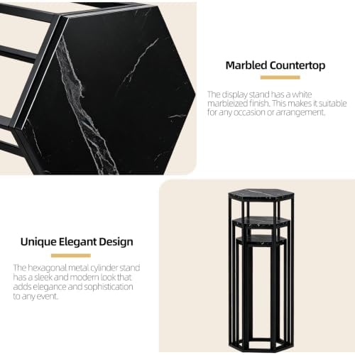 Set of 3 Black Hexagon Metal Cylinder Stands for Party in Black, alternate view 4