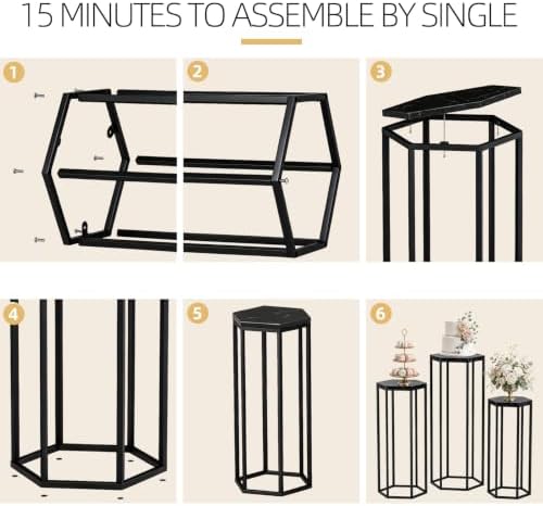 Set of 3 Black Hexagon Metal Cylinder Stands for Party in Black, alternate view 5
