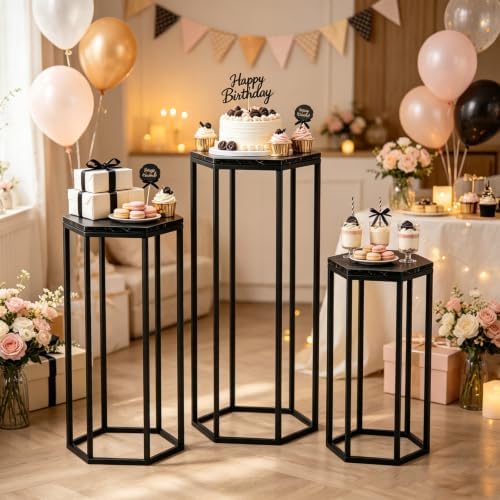Set of 3 Black Hexagon Metal Cylinder Stands for Party in Black, alternate view 6